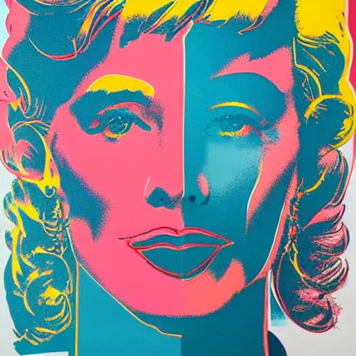 Image similar to silkscreen and lithography to create colorful cyborgs in the style of andy warhol