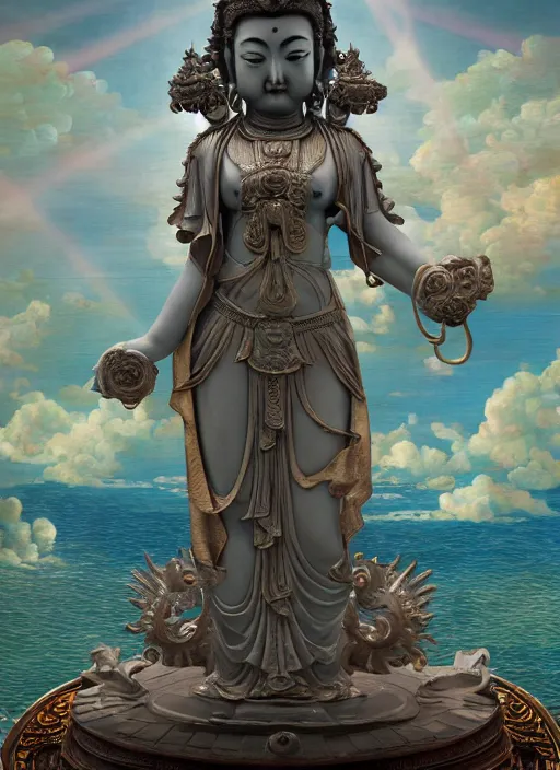 Image similar to guanyin stand on big loutus, a godness of the southern seas, a realistic setting with muted colors, visual novel cover, by yoshitaka amano, zeng fanzhi, jane hamilton, tiffany studios, sunrays shine uponit, frostbite 3 engine, cryengine, dof, trending on artstation, digital art, fantasy detailed background