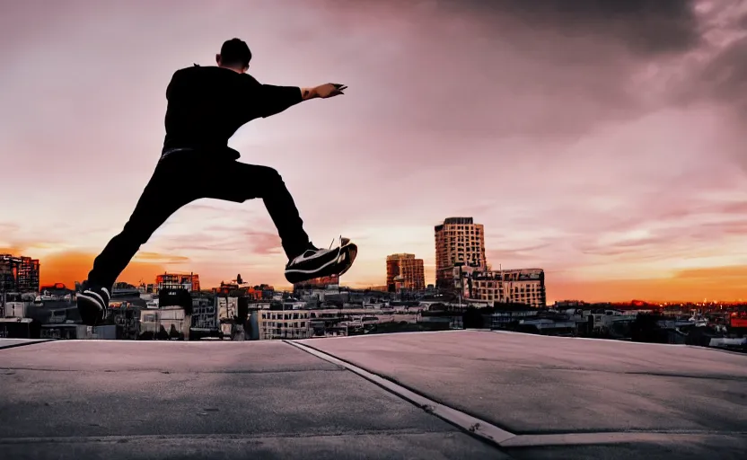 Prompt: sideways landscape photo of person jumping on the roofs, high contrast, moody sunset, late night, blurry photo, sharp focus, digital art, smooth