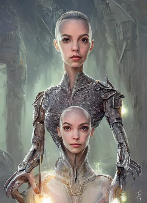 Image similar to a professional painting of a beautiful young female alien, clothed in ethereal armor, olive skin, long dark hair, beautiful bone structure, symmetrical facial features, intricate, elegant, digital painting, concept art, smooth, sharp focus, illustration, from Valerian and the City of a Thousand Planets, by Ruan Jia and Mandy Jurgens and Artgerm and William-Adolphe Bouguerea