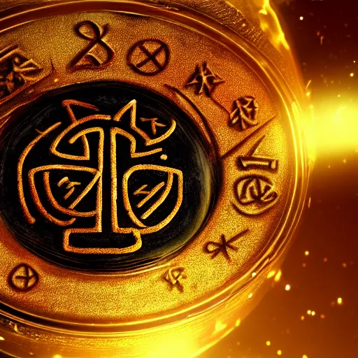 Image similar to hyperrealistic closeup of a mysterious magical golden artifact with glowing runes, blurry background, bokeh, artstation