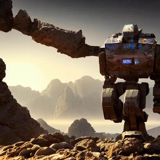 Image similar to a giant robot made out of rocks standing on mountains during foggy weather and a planet in the backround, award winning, trending on artstation, unreal engine