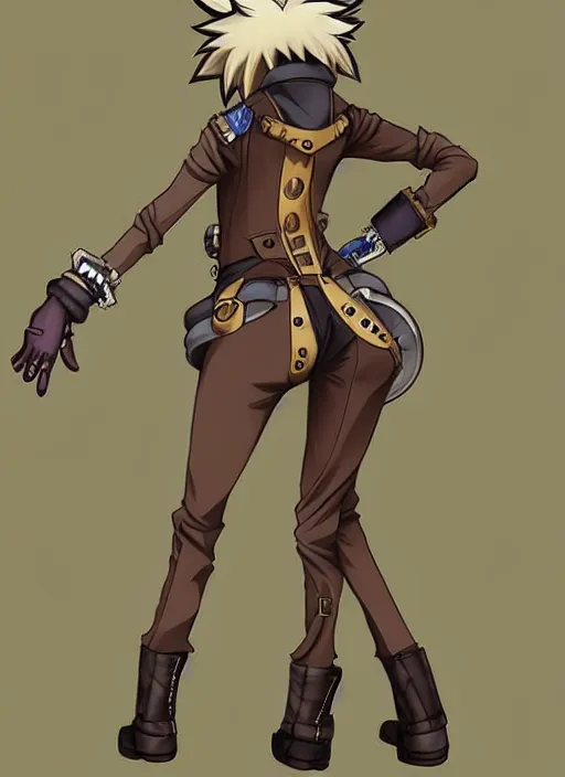 Image similar to the full body of anthropomorphic lynx fursona from behind wearing a steampunk suit, anime, manga