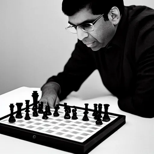 Prompt: photo of Vishwanathan Anand looking at a chess board, photo journalism, photography, cinematic, national geographic photoshoot