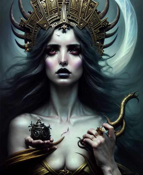 Image similar to beautiful fantasy character portrait, ana de armas as the goddess of death, ultra realistic, wide angle, intricate details, black smoke, dramatic lighting, highly detailed by peter mohrbacher, magali villeneuve, wayne barlowe, boris vallejo, greg rutkowski, dishonored 2, ritualistic tattoos