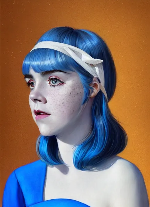 Image similar to portrait of kiernan shipka with freckles, white hair, 1 9 6 0 s bob hairstyle with bangs and hairband, blue 1 9 6 0 s dress, intricate, elegant, glowing lights, highly detailed, digital painting, artstation, concept art, smooth, sharp focus, illustration, art by wlop, mars ravelo and greg rutkowski