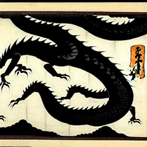 Image similar to biomechanical ukiyo - e woodblock of black dragon by utagawa kuniyoshi, very detailed, hyperrealistic