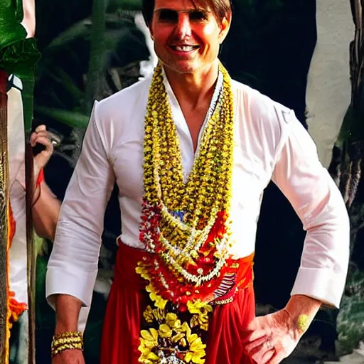 Image similar to tom cruise wearing traditional Bali dress, perfect faces, award winning photography