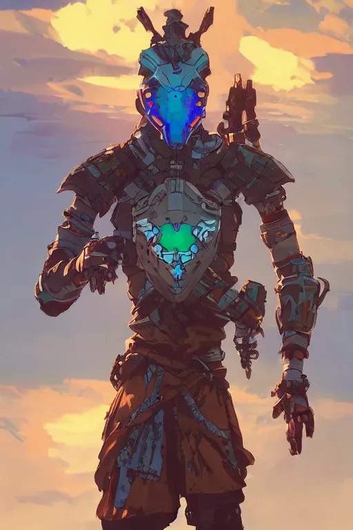 Image similar to combination suit armor aloy horizon forbidden west horizon zero dawn robot ninja mask helmet backpack tribal, art gta 5 comics, official fanart behance hd artstation by jesper ejsing, by rhads, makoto shinkai and lois van baarle, ilya kuvshinov, ossdraws radiating a glowing aura cgi rtx 2 0 2 2