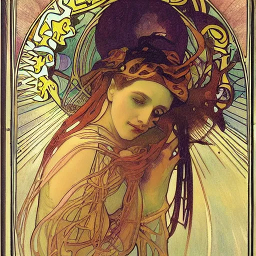 Prompt: Liminal space in outer space by Alphonse Mucha