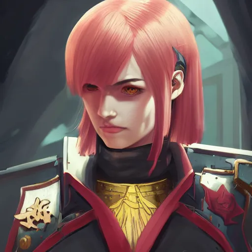 Image similar to Portrait of Sakura Matou. Sister of battle. warhammer 40k setting. Shaded lighting. by Ilya Kuvshinov, Rob Rey, Giuseppe Dangelico Pino. Cinematic. Dark Lighting.