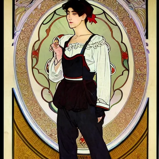 Image similar to full body painting of grumpy handsome thin beautiful young man in his 2 0 s named min - jun in a modest french female maid outfit and crossing his arms, modern clothing, elegant, clear, painting, stylized, sharp facial features, pouty, highly detailed, art, art by alphonse mucha