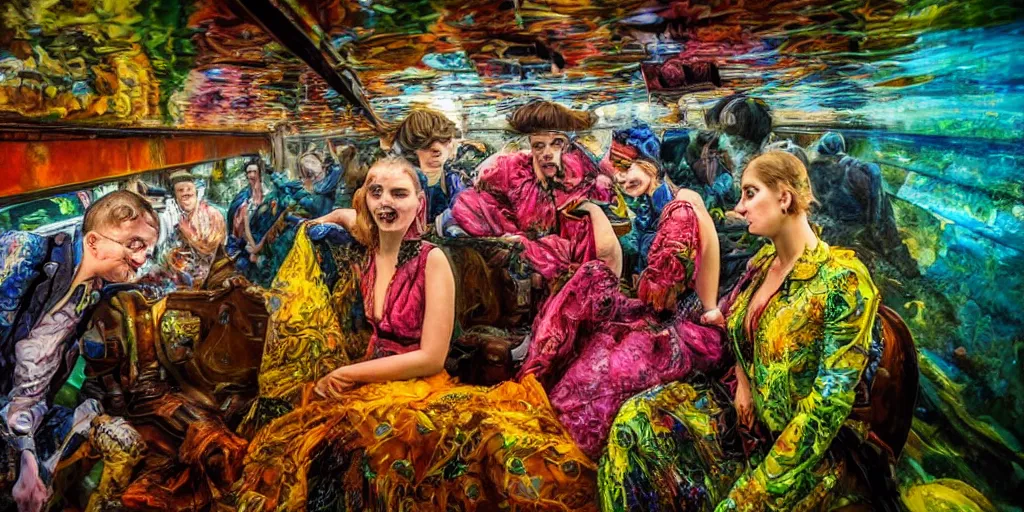 Image similar to detailed colourful masterpiece of photography couple portrait sat down extreme closeup, inside a beautiful underwater train, detailed realistic expressions, wearing unusual clothes, by ford maddox brown