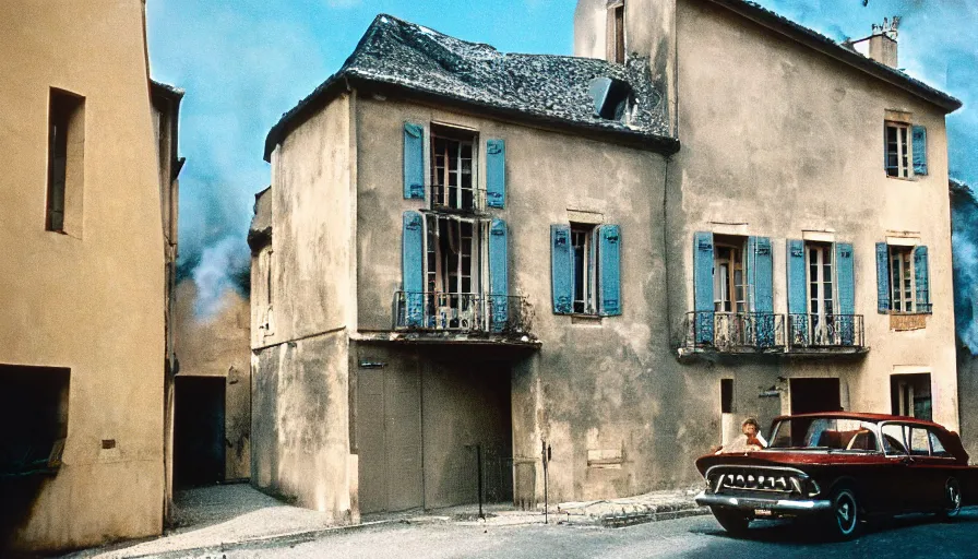 Image similar to 1 9 6 0 s movie still of a burning french style townhouse in a small french village, cinestill 8 0 0 t 3 5 mm, high quality, heavy grain, high detail, texture, dramatic light, ultra wide lens, panoramic anamorphic, hyperrealistic