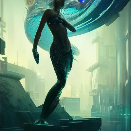 Image similar to cyberpunk mermaid, oil painting, Tooth Wu, Greg Rutkowski, RPG portrait, dynamic lighting, fantasy art, High contrast, depth of field