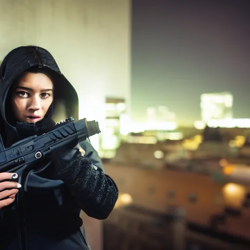 Image similar to photographic portrait of a techwear woman holding a Glock 18, closeup, on the rooftop of a futuristic city at night, sigma 85mm f/1.4, 4k, depth of field, high resolution, 4k, 8k, hd, full color