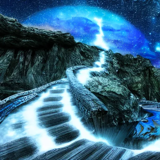 Image similar to a stairway of cosmic water flowing, fantasy, dusk, starry sky, hd, fantasy, 4 k