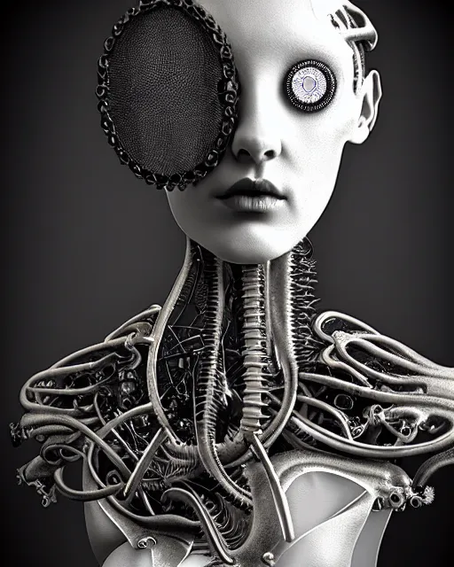 Image similar to black and white dreamy foggy smoky profile face portrait, one silver steampunk eye biomechanical beautiful young female cyclope - cyborg - robot bust, body ribs meshes,, volumetric light, hibiscus flowers, by hg giger, rim light, by dora maar and cecile beaton, big gothic fashion pearl embroidered collar, 8 k