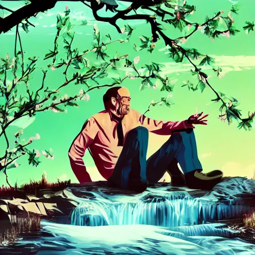 Image similar to featured on artstation walter white sitting under a cherry tree overlooking valley waterfall sunset beautiful image stylized digital art