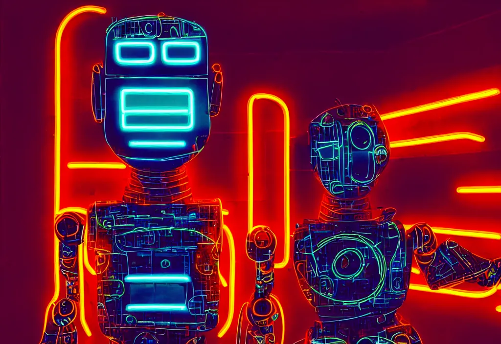 Prompt: a robot made of neon signs, cinematic, surreal, photo, 8k