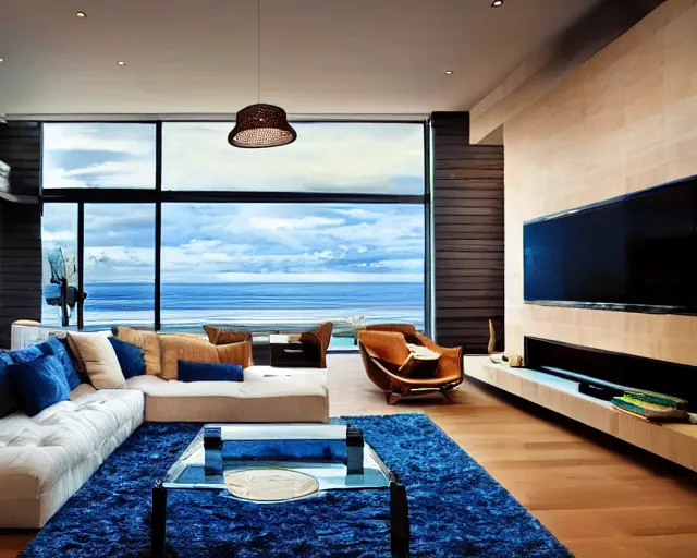 Image similar to A modern living room inspired by the ocean, a luxurious wooden coffee table with large seashells on it, A huge television, amazing detail, 8k resolution, blue color, calm, relaxed style, harmony, wide angle shot