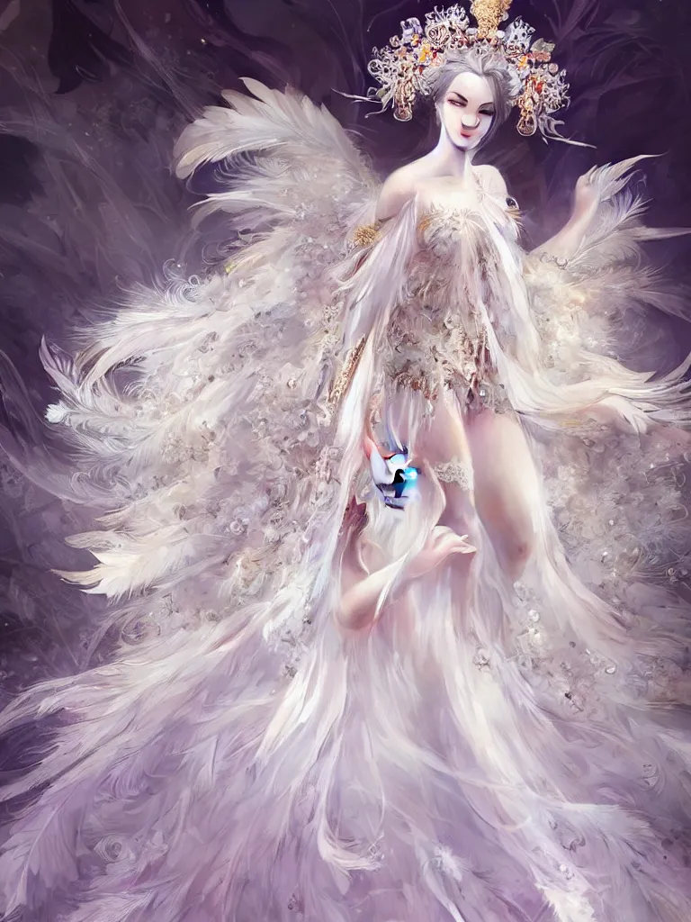 Prompt: ((A beautiful fantasy empress)), highly detailed full body, beautiful eyes, detailed intricate white flower tiara, feathers, ((wearing aristocrat robe)), silk tutu, highly detailed figure, fractal crystal, epic composition, ultra wide-shot, dynamic pose, concept art, beautifully lit, digital painting, smooth, desaturated color theme, character design, sharp focus, elegant, intricate, post processing, artstation, by WLOP, James Jean, Victo Ngai, ryohei hase