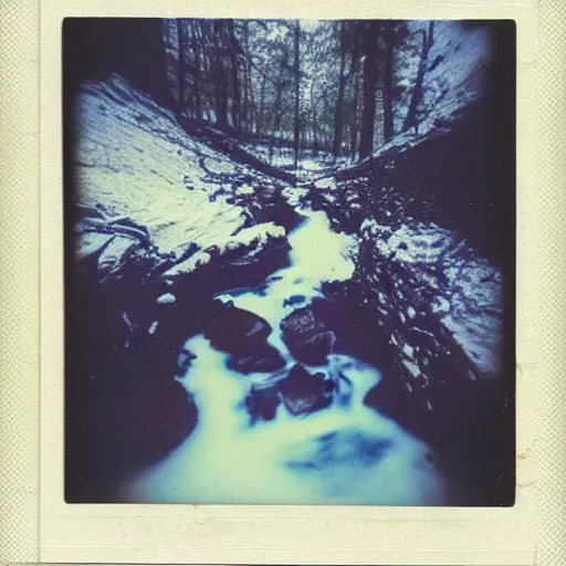 Image similar to a dark glacier cave with a low ceiling, small stream of water, icicles, deep, dark, creepy, eerie, unsettling, terrifying, old polaroid, expired film, deep, rough water,