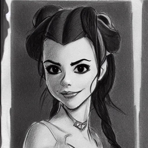 Image similar to milt kahl sketch of victoria justice with done up hair, tendrils and ponytail as princess padme from star wars episode 3