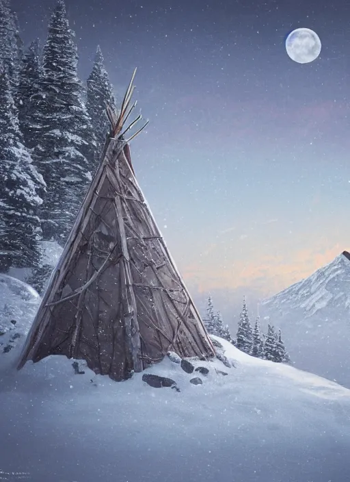 Prompt: an abandoned teepee on the top of a snowy mountain, waxing moon, greg rutkowski, 8 k, shallow depth of field, intricate detail, concept art,