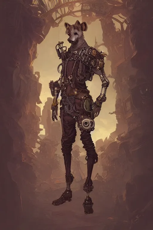 Prompt: anthropomorphic hyena as steampunk half - cyborg, western, high fantasy, dnd, smooth, sharp focus, illustration, highly detailed, digital painting, artstation, concept art, by disney animation, rossdraws, alphonse mucha, frank fanzzeta, collectible card art