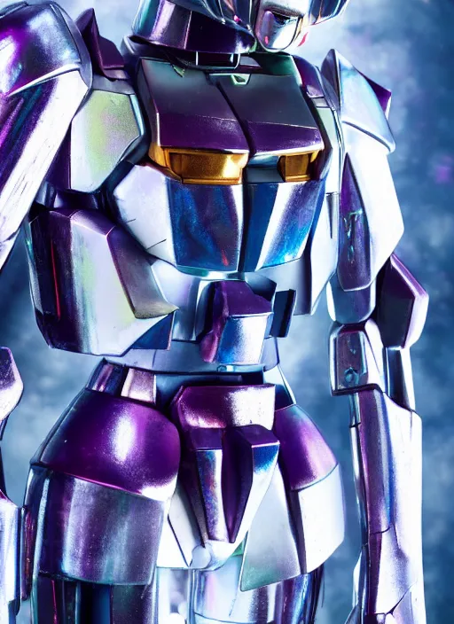 Prompt: hyper realistic and detailed closeup photo of a gundam female android with segmented iridescent translucent panels by annie leibovitz