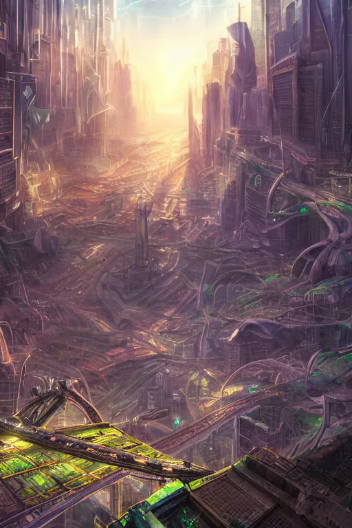 Prompt: a megalopolis of steel and cyborgs, futurism, high fantasy, magical elements, vibrant colors, lush landscape, sharp details, high res eautiful lighting, studio light, extremely detailed, establishing shot, realistic materials, hyperrealistic