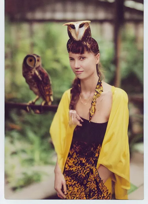 Image similar to grainy head to shoulder portrait Polaroid film photograph of an elegant top model wearing a yellow kimono with a very detailed barn owl on her shoulder!!! in a tropical greenhouse. looking at the camera!!. super resolution. Extremely detailed. Polaroid 600 film. art by Rineke Dijkstra.