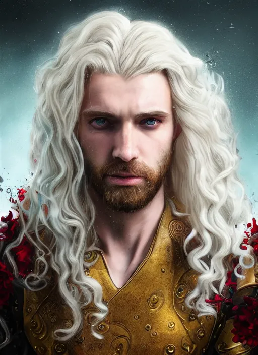 Prompt: An epic fantastic realism comic book style portrait painting of Lucius the most beautiful man in the universe, long fluffy blond curls of hair, porcelain pale skin, flowers rain everywhere, fisheye lens, Apex Legends Concept Art, porcelain, unreal 5, DAZ, hyperrealistic, octane render, cosplay, RPG portrait, dynamic lighting