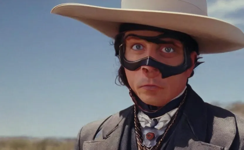 Image similar to screenshot of Tim Robinson the Lone Ranger disguise, 1990s tv show, Walker Texas Ranger cinematography, hyper-detailed, sharp, kodak color, 4k