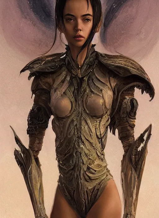 Image similar to a professional painting of a beautiful young female alien, clothed in ethereal armor, olive skin, long dark hair, beautiful bone structure, symmetrical facial features, intricate, elegant, digital painting, concept art, smooth, sharp focus, illustration, from Valerian and the City of a Thousand Planets, by Ruan Jia and Mandy Jurgens and Artgerm and William-Adolphe Bouguerea