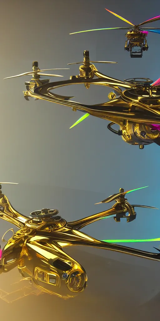 Prompt: a futuristic multi rotor helicopter with gold windows, 4 k, hyper realistic, coherent design, symmetrical, vivid colour, complementary colour, golden ratio, detailed, sharp lines, intricate, rainbow shift, in unreal 3 d engine, ray tracing, octane render