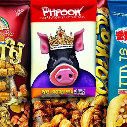 Prompt: photo realistic pig king on throne surrounded snack food bags, realistic, award winning, cinematic