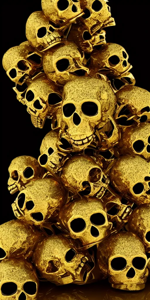 Prompt: many gold skulls stacked on top of each other with flowers and jewerly, photorealistic render, unreal engine, octane render, metallic reflections, physically based rendering, 3 d, dramatic, studio lighting, cinematic, ornate, intricate, highly detailed, 4 k, hd, digital art