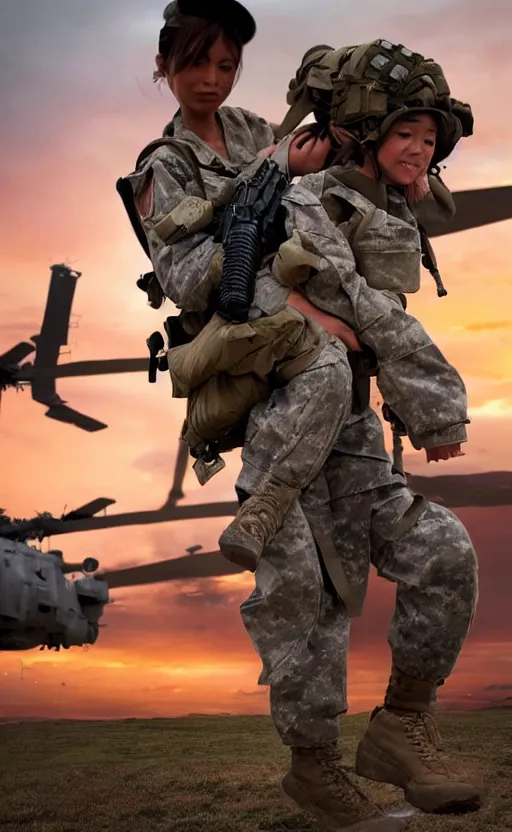 Image similar to female soldier carrying a small girl on the shoulder into a transport helicopter for the extraction, highly detailed, high resolution, war footage, stunning, real sunset, in the middle of a firefight, girls frontline style, bokeh soft, 100mm, trending on instagram, photo by steve mccurry, realistic human anatomy, realistic military carrier, soldier clothing, modern warfare, realistic guns