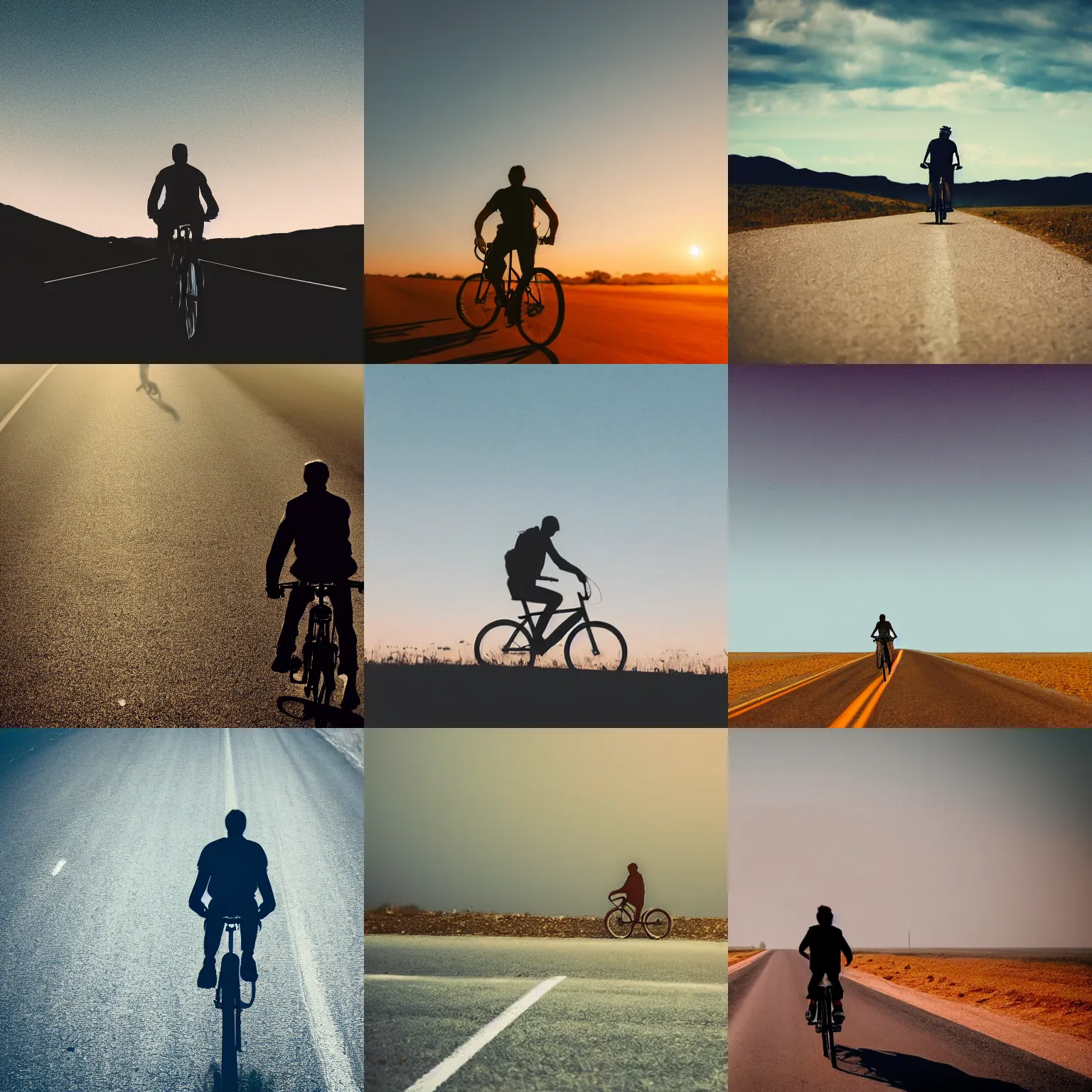 Prompt: high detail photo of a silhouette of a man riding a bicycle on a long road, in front of him is a big blue planet, cinematic, atmospheric, spooky, hazy, 8k, tranquil, desolate