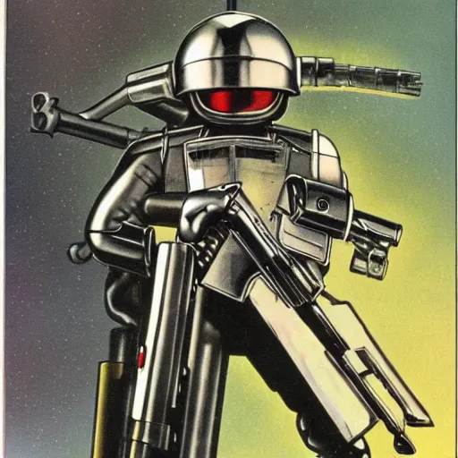 Prompt: 1 9 8 0's heavy metal album art, a shiny reflective detailed chrome android holding a giant rifle - style blaster rifle designed by ridley scott inside a 1 9 8 0's mall