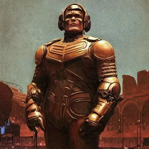 Prompt: style : norman rockwell. composition : close shot. style : digital art ; detailed ; dreamlike ; 4 k. scenery : a coliseum with lots of people in the stands. subject : darkseid, wearing full body armor.