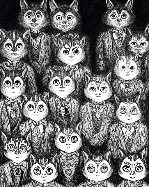 Image similar to group of creep children staring out, black and white character portrait, ultra realistic, concept art, intricate details, war, cinematic, highly detailed by louis wain