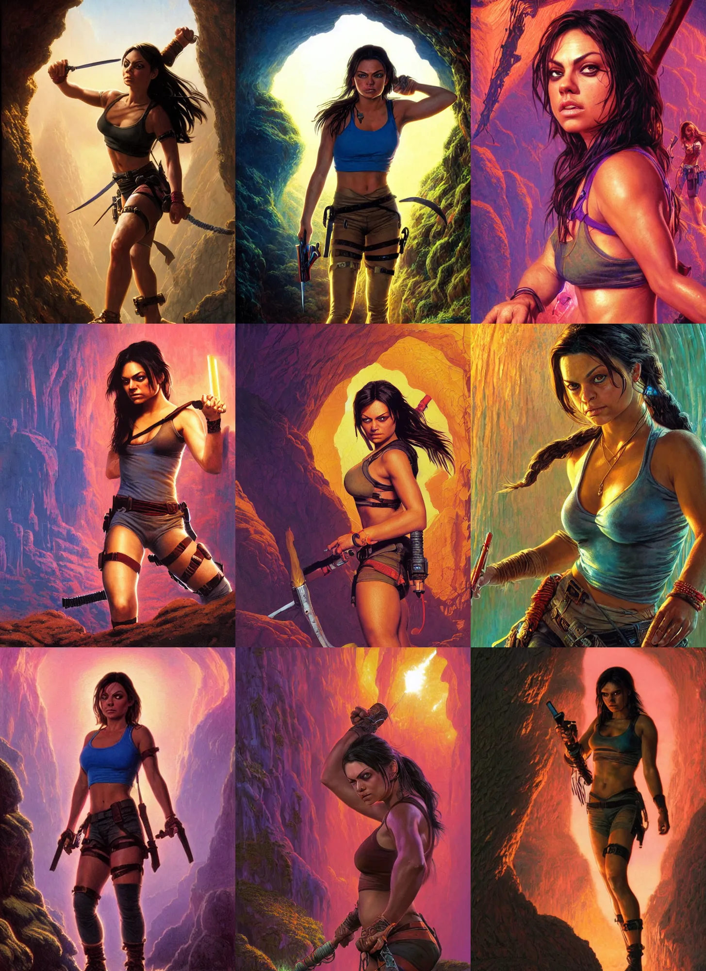 Prompt: close portrait of mila kunis as a muscled tomb raider, bright colors, biotechnology, cave glowing stones, epic composition, donato giancola, tim hildebrandt, wayne barlow, bruce pennington, larry elmore