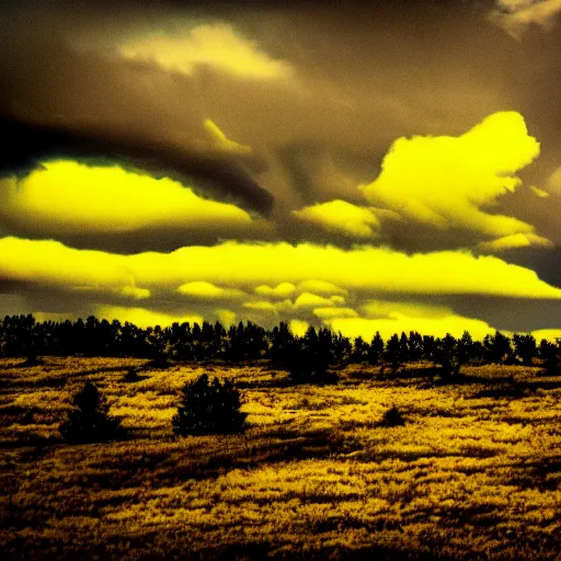 Prompt: yellow clouds and black sky, creepy sky, dark trees, yellow clouds