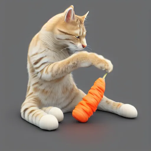 Image similar to big tabby cat with white paws biting a carrot 3d render