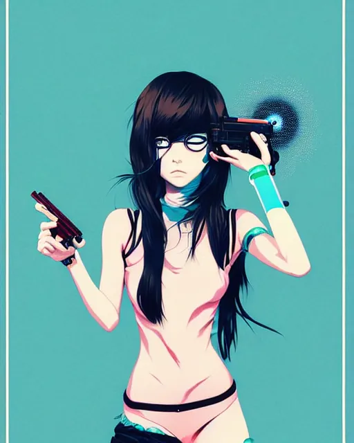 Image similar to girl holding flashbang, detailed manga illustration!! intricate details, beautiful perfect face, perfect body, aesthetically pleasing pastel colors, poster background, aesthetic details, art by conrad roset and ilya kuvshinov