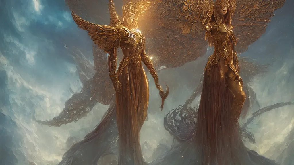 Prompt: ascending dark full body redhead goddess angel, Lupe Fuentes, intricate armor, highly detailed, glowing, action pose, cinematic, Art Deco, gold filigree, ethereal, alfonso mucha, zdzisław beksiński, Andrei ryabovichev, Shaun tan, Chriss foss, Peter mohrbacher, 4k