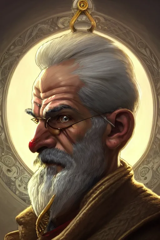 Prompt: portrait of a middle aged grey haired man in a monocle in the style of god of war, golden machine parts, intricate, elegant, highly detailed, digital painting, artstation, concept art, smooth, sharp focus, illustration, art by artgerm and greg rutkowski and alphonse mucha, 8 k